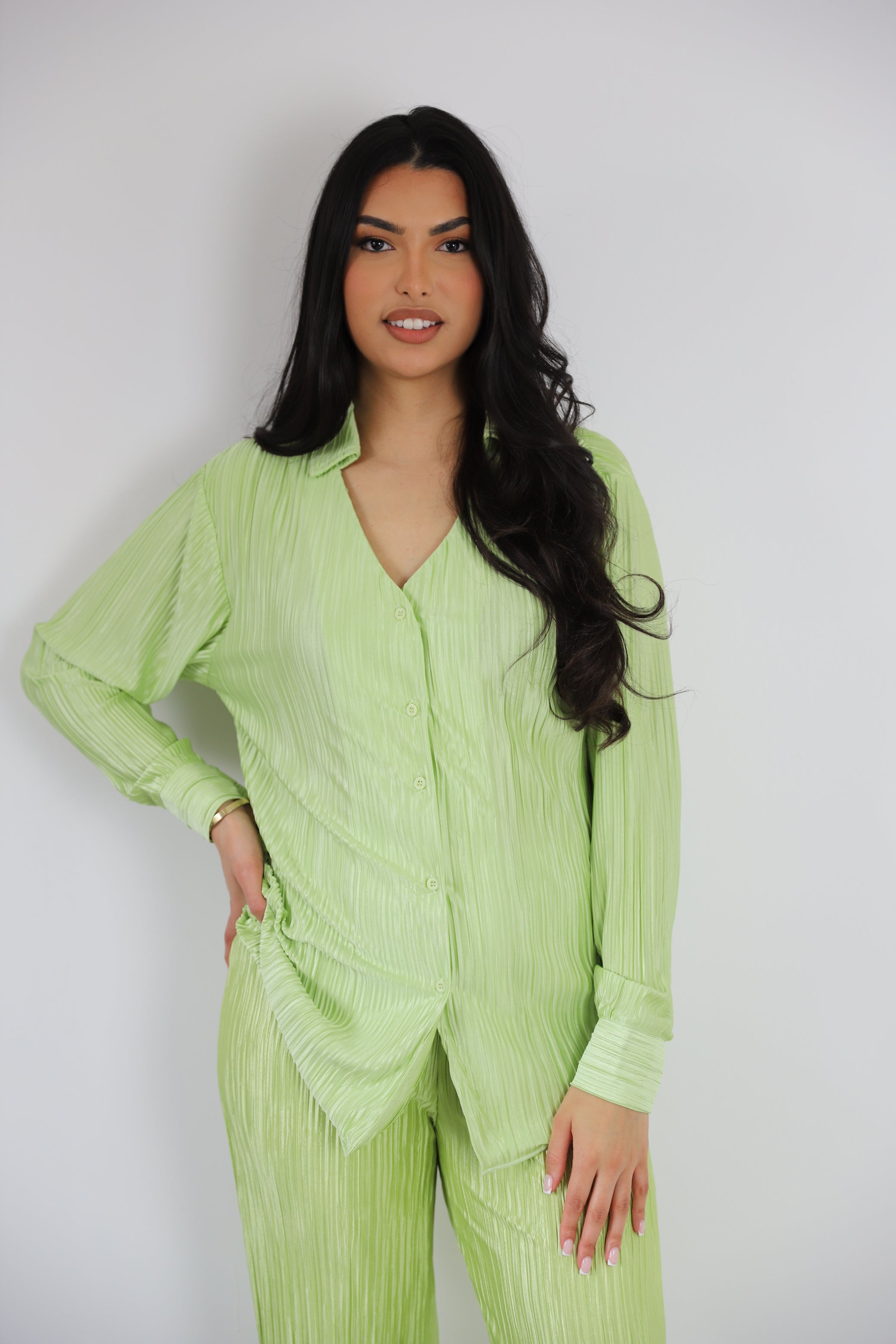 Green shirt from our coord set collection | A co-ord set must-have styled with loungewear set pieces and matching co ord sets