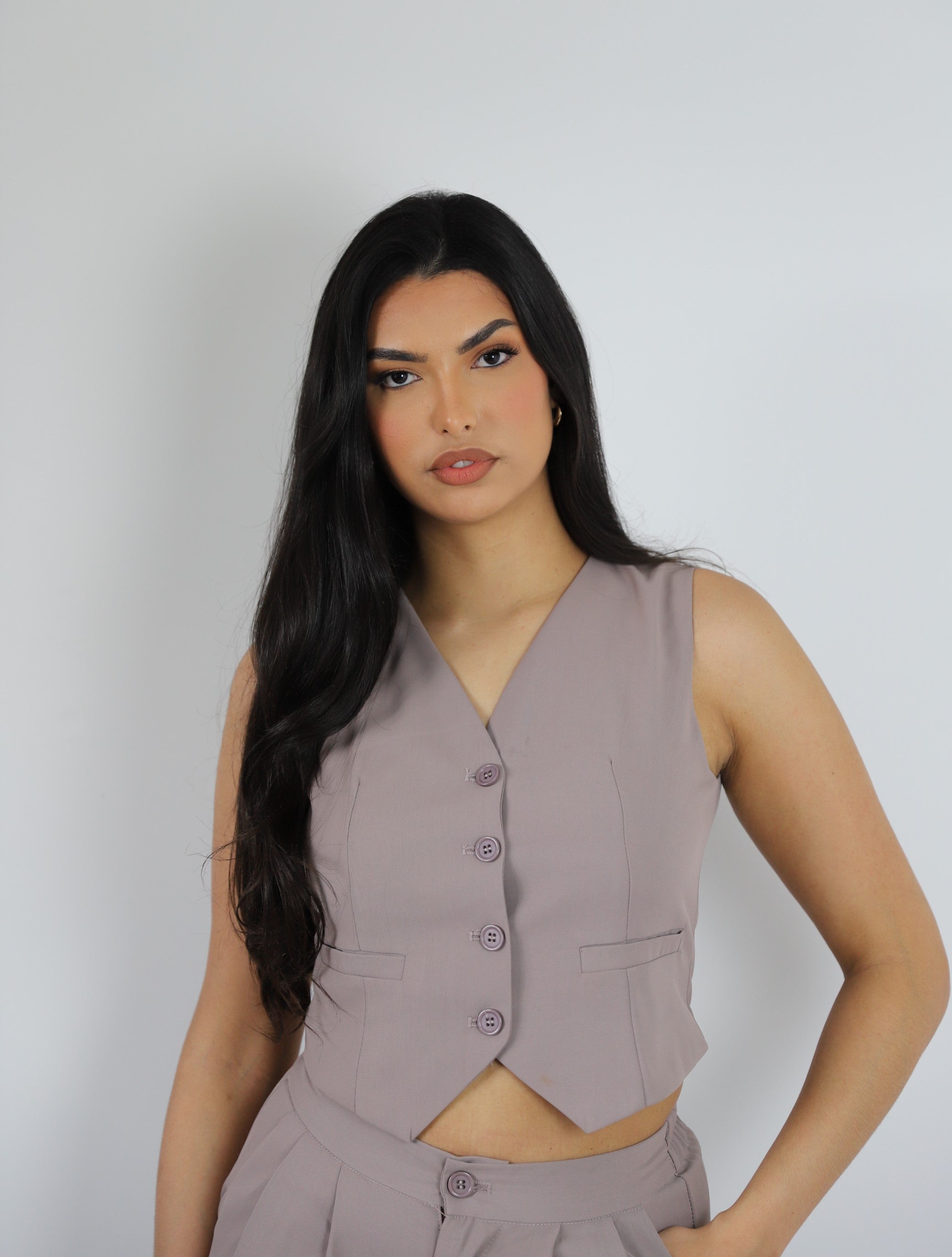 Taupe v-neck waistcoat from our co-ord set | A modern coord set staple in our co ord sets collection