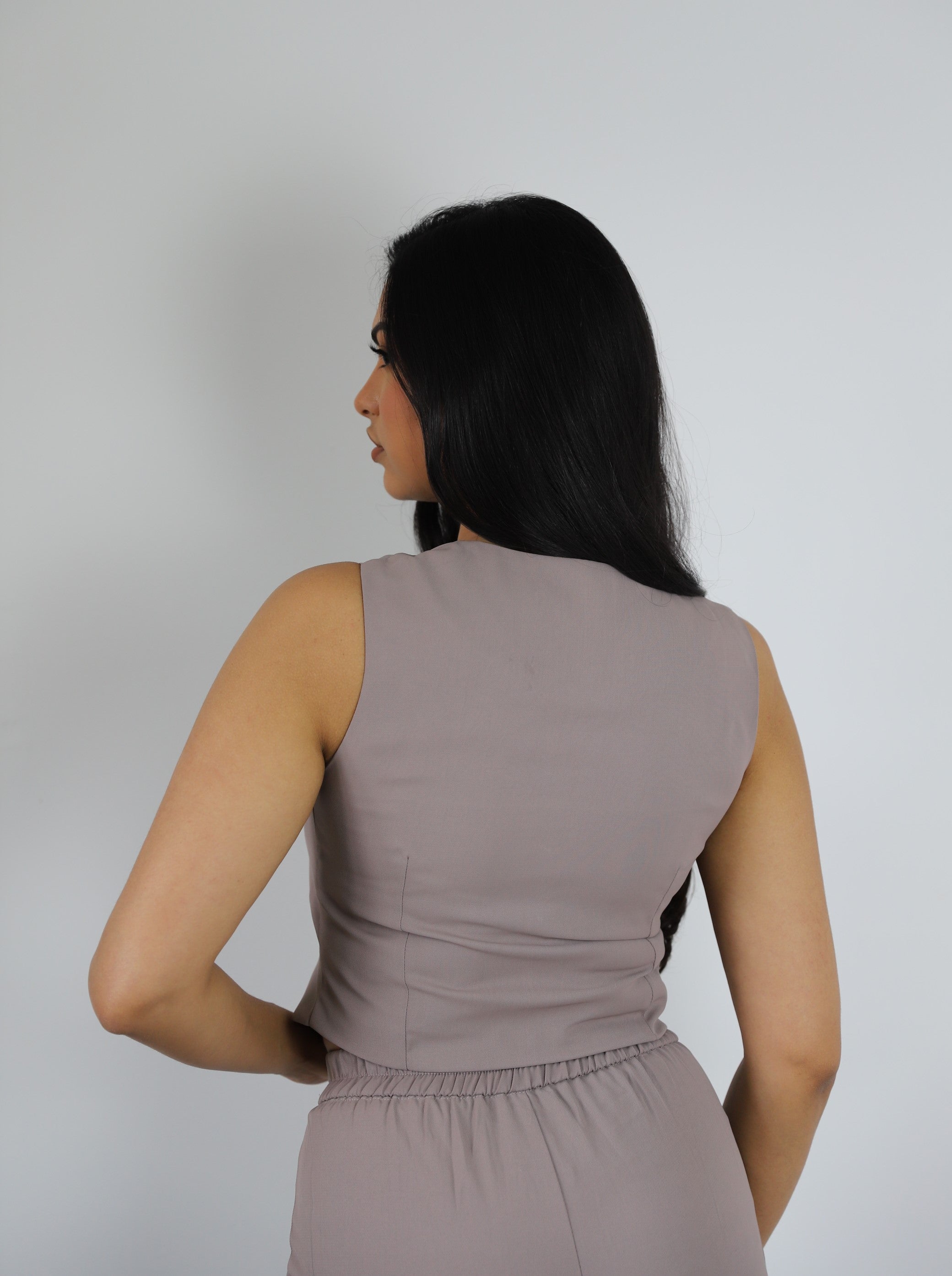 Taupe v-neck waistcoat from our co-ord set | A modern coord set staple in our co ord sets collection