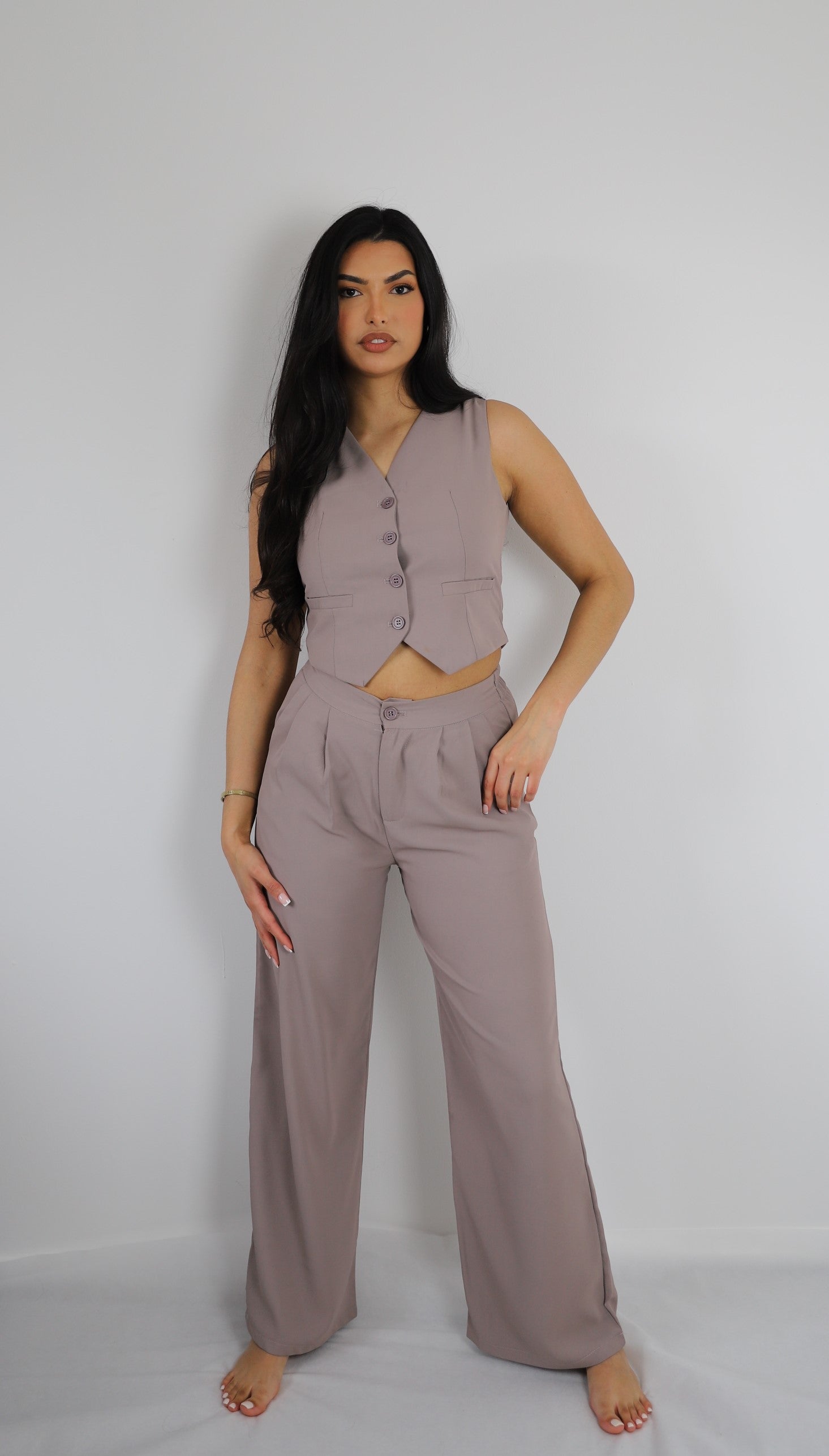 Taupe wide leg trousers styled in a coord set | A relaxed co-ord set from our co ord sets collection