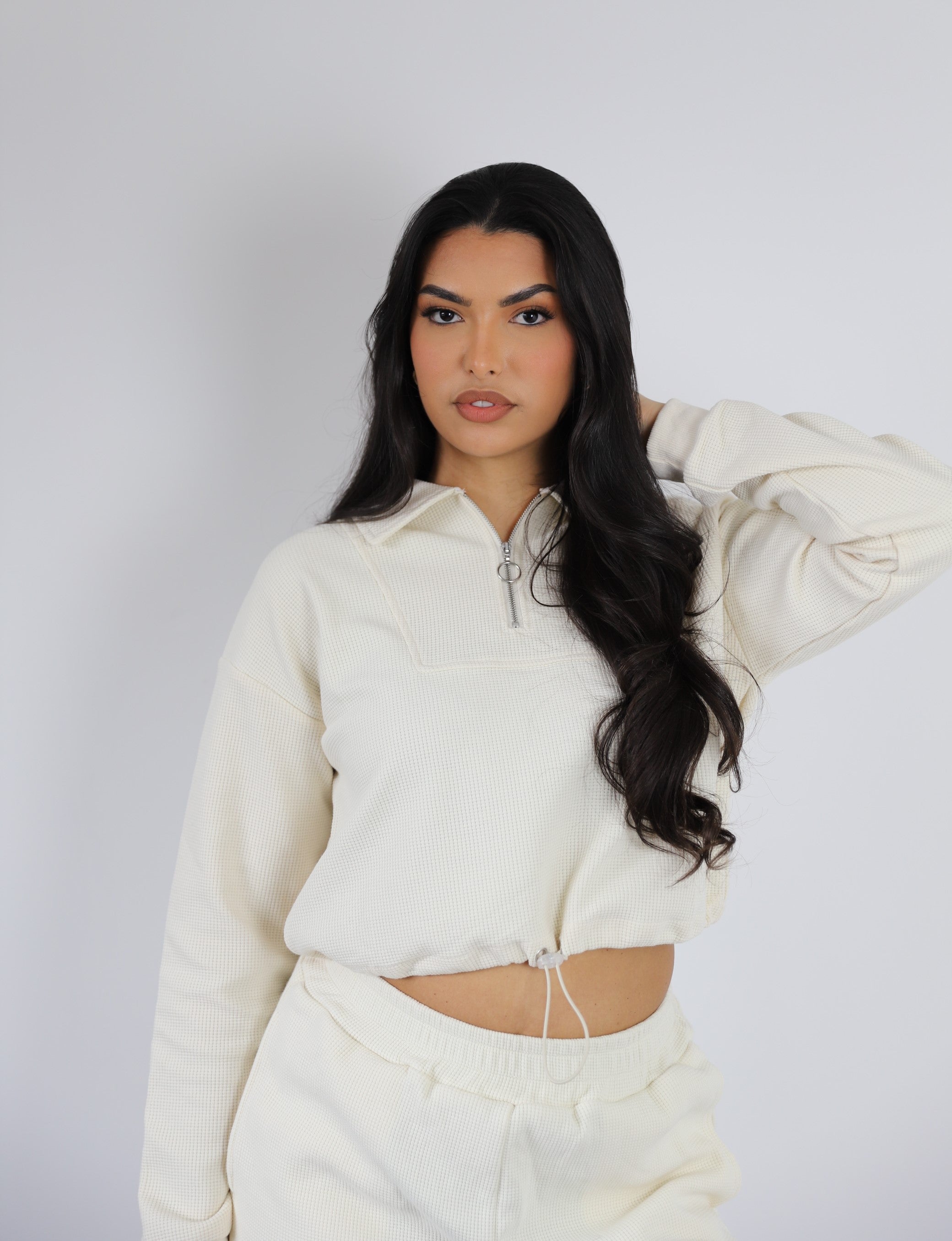 Polished beige collared top styled in a co-ord set | A key coord piece from our modern loungewear set collection