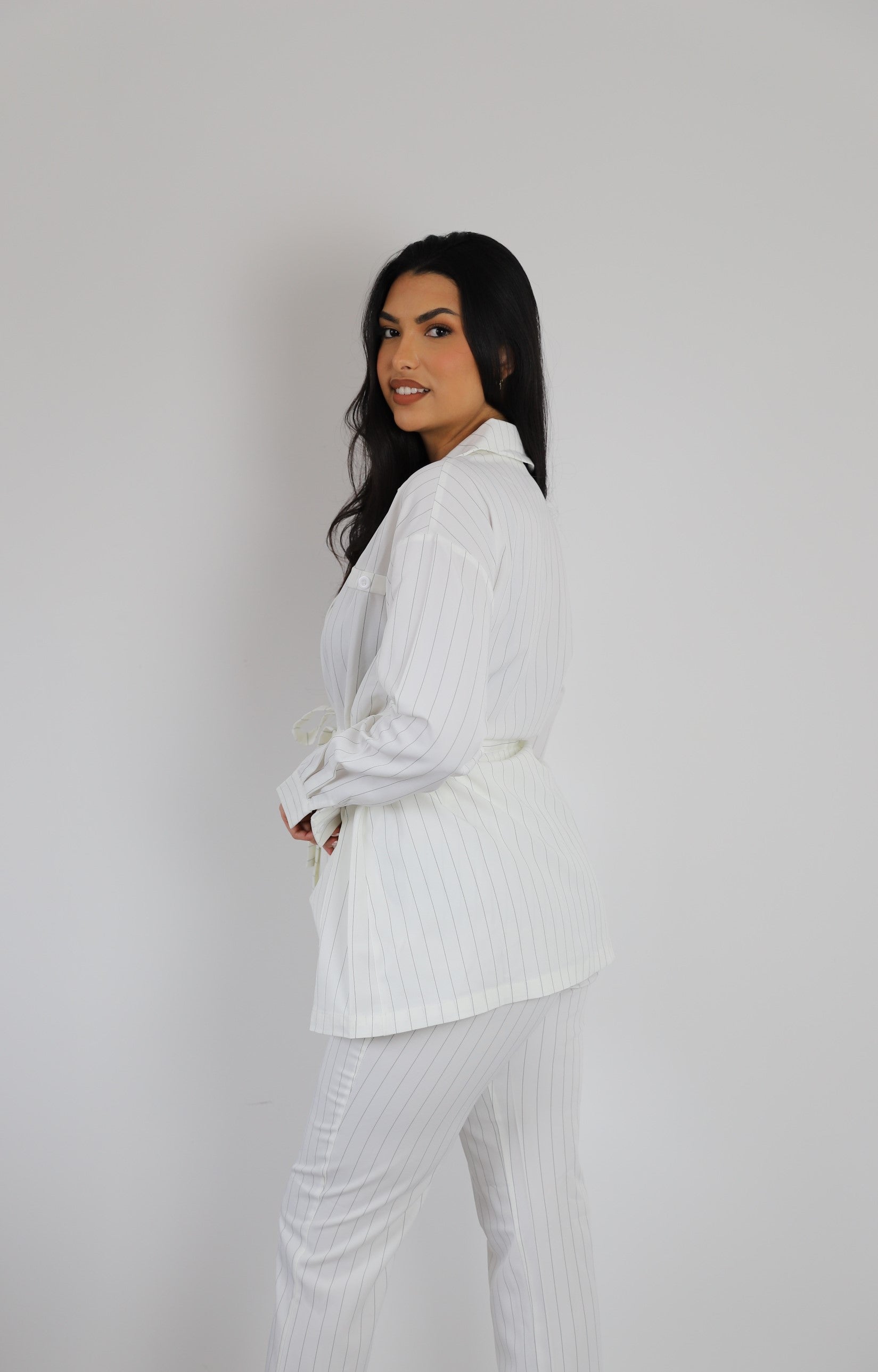 White belted blazer styled in a sleek co-ord set | A key coord set look from our co ord sets and loungewear set drops