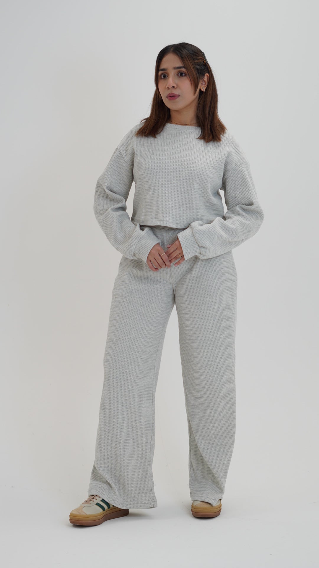 Grey Wide Leg Waffle Jogger - Lily