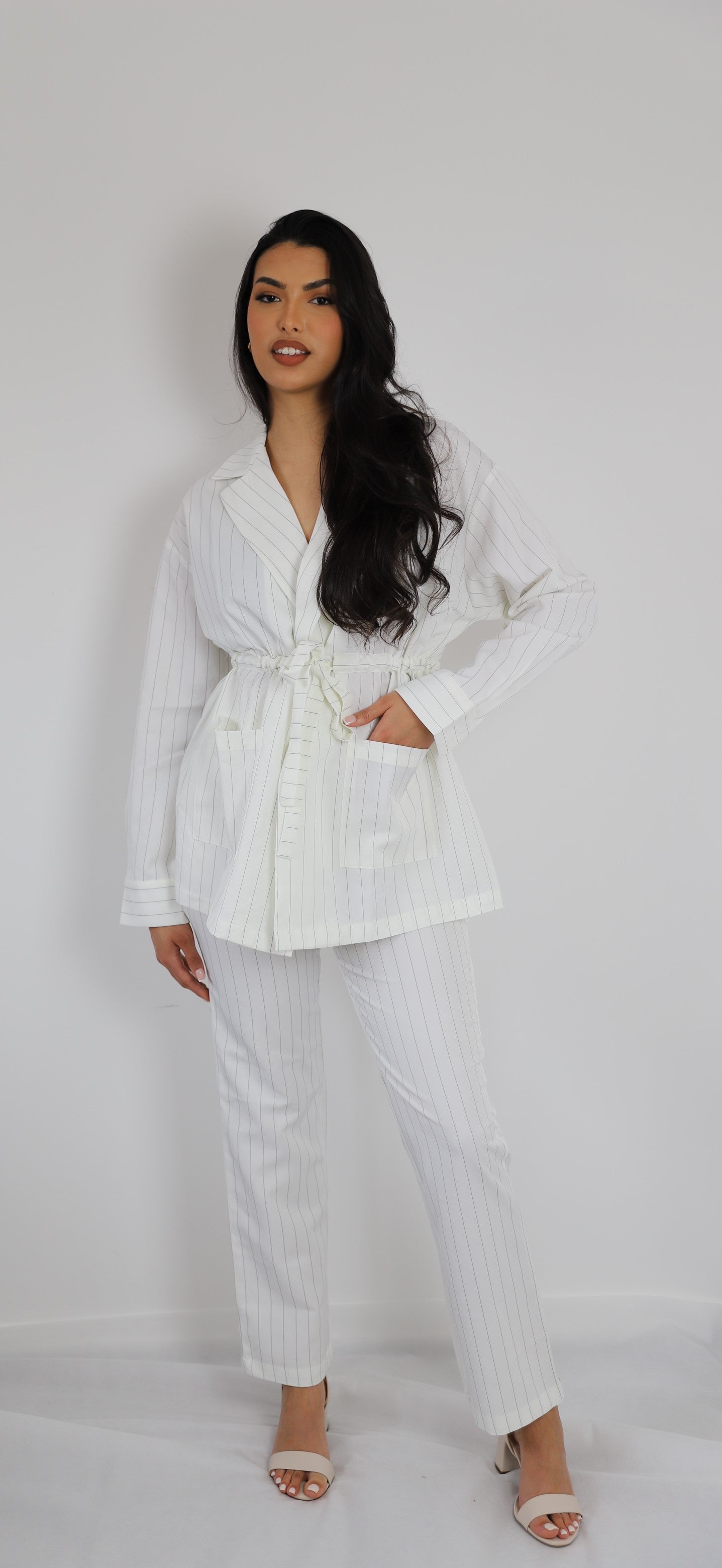 Althea White Striped Slim Fit Trousers